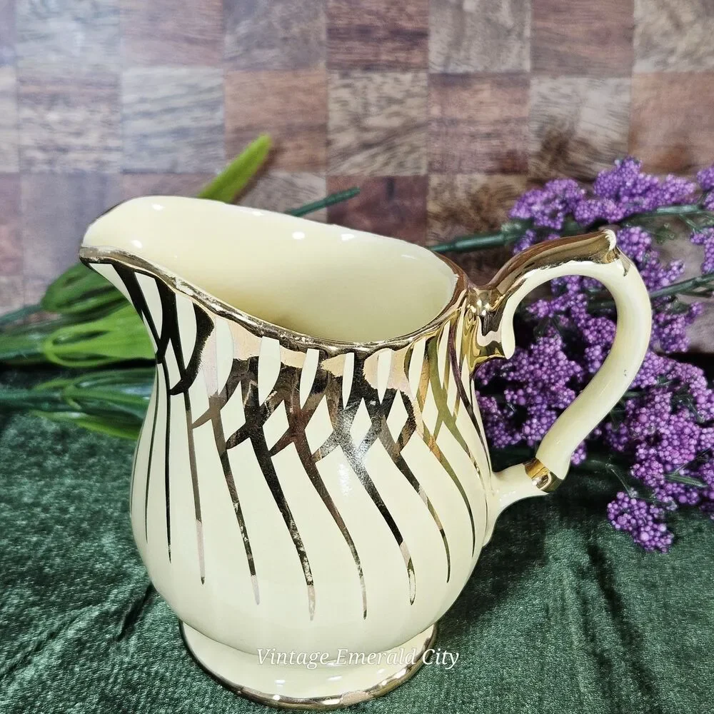 Vtg Sadler China England Milk Creamer Pitcher Yellow & 14K Gold Rim Swirl 1950